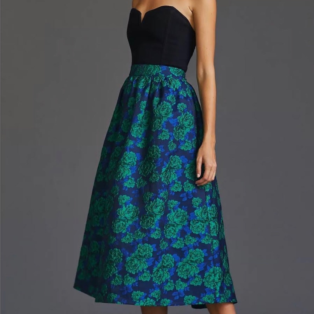 Anthropologie Blue and Green Floral Midi Skirt